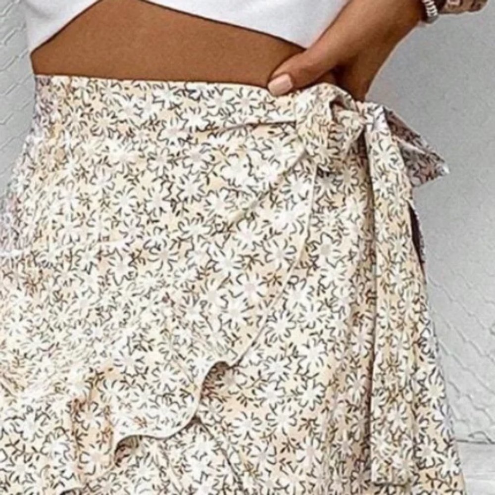 Boho Style Floral Print Ruffle Hem Maxi Wrap Skirt